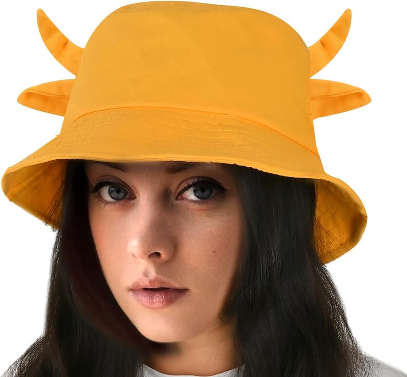 QANQIUPLE Cow Print Bucket Hat with Cute Horn Ears Cow Print Summer Beach Sun Hat Fisherman's Cow Bucket Hat - Image 5